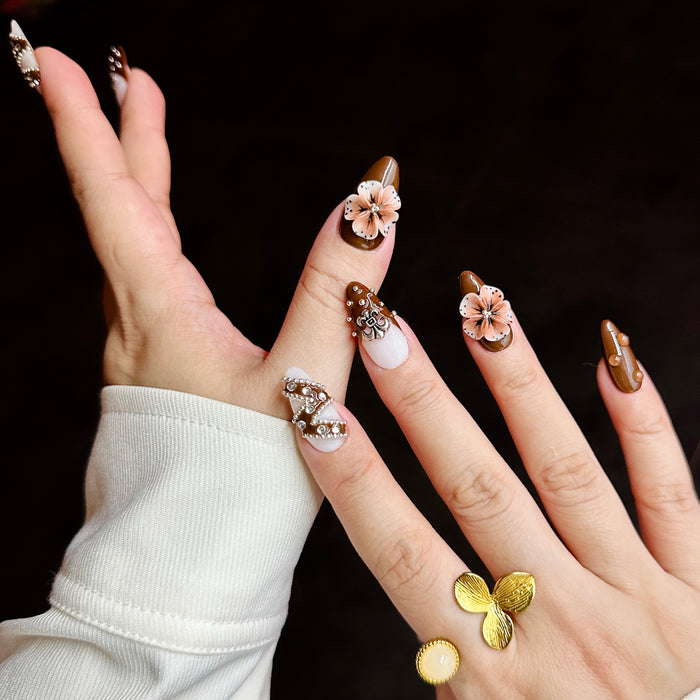Cacao Royale — hand-painted press-on nails
