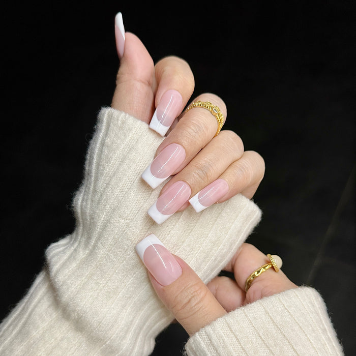 Classic French manicure — hand-painted press-on nails