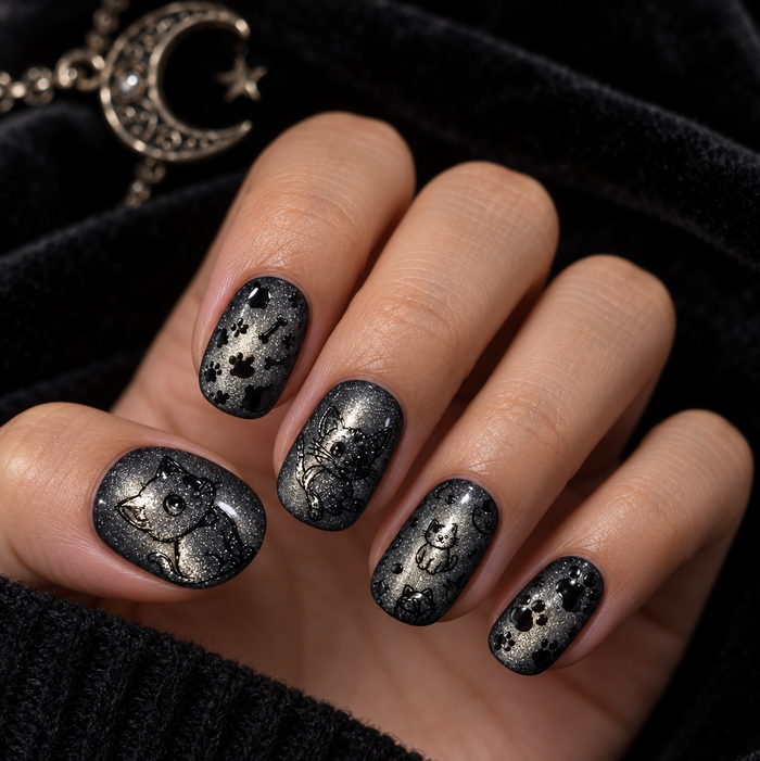 Nine Lives After Midnight — hand-painted press-on nails