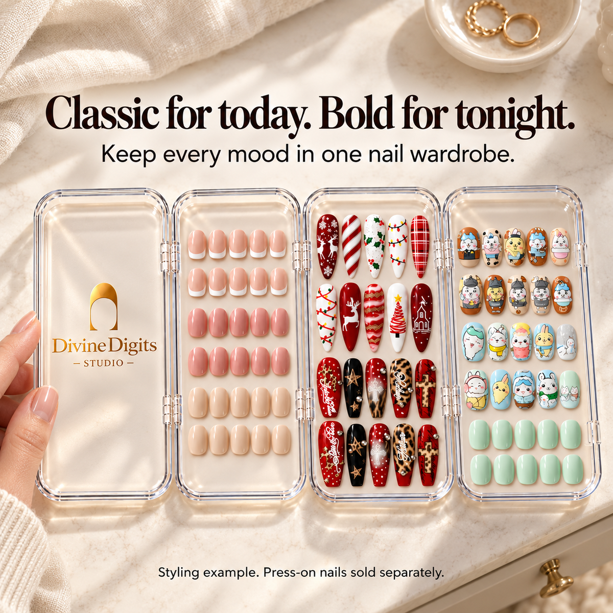 A hand beside an open DivineDigits nail case holding short classics, long designs and illustrated sets on cream linen.