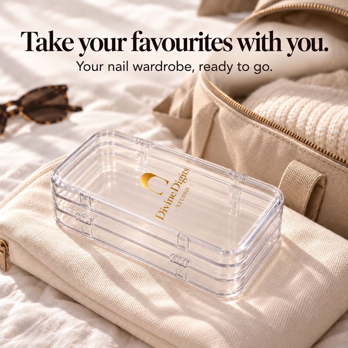 A closed clear DivineDigits nail case resting beside a cream canvas bag and knitwear.