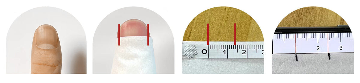 A strip of paper laid over a nail, marked at both edges with a pen, then measured flat against a ruler