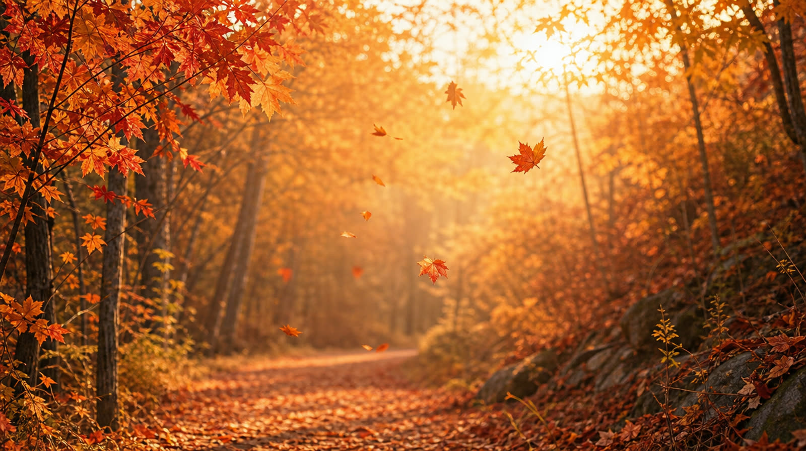 An autumn path through the maples, red and orange leaves falling in the late light