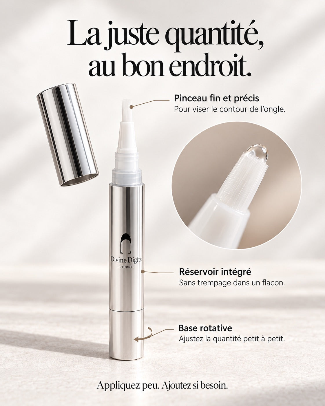 Schéma complet du stylo : pinceau, réservoir et base rotative