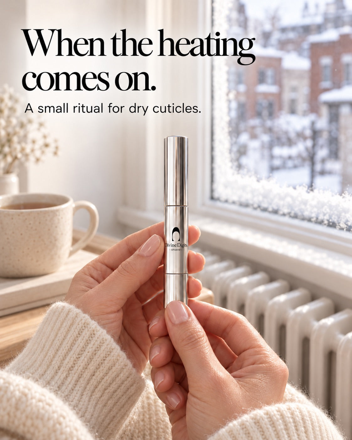 DivineDigits pen by a snowy window