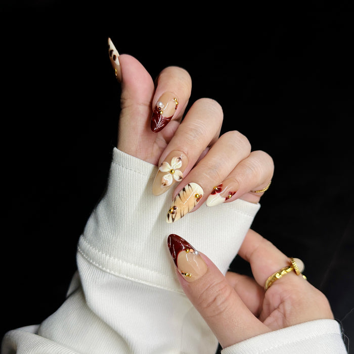 Leopard Latte — hand-painted press-on nails