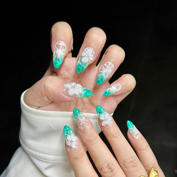 Santorini Mist — hand-painted press-on nails