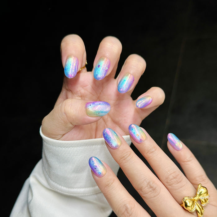 Cyber Rainbow — hand-painted press-on nails