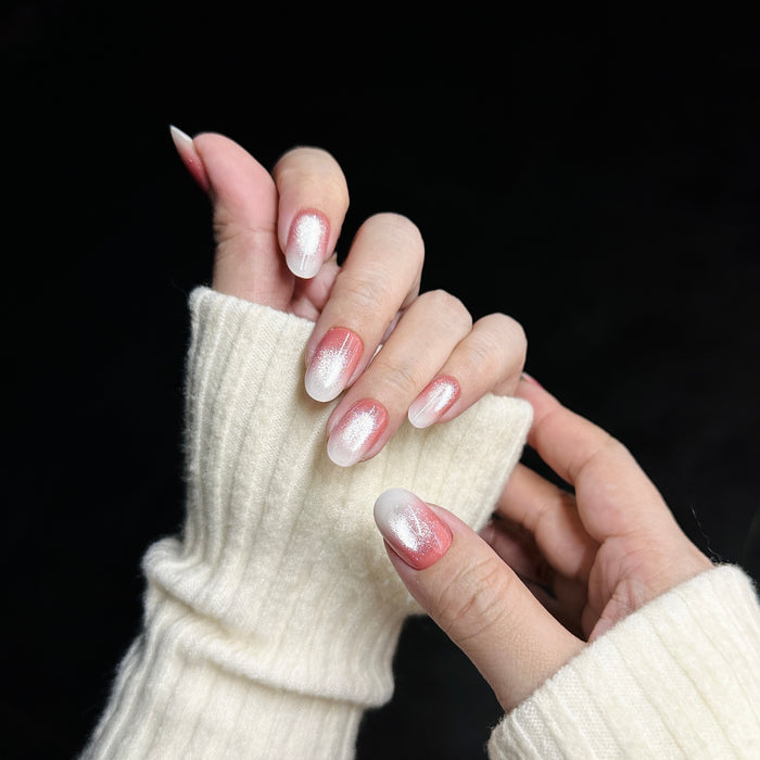 Blushing Snowfall — hand-painted press-on nails
