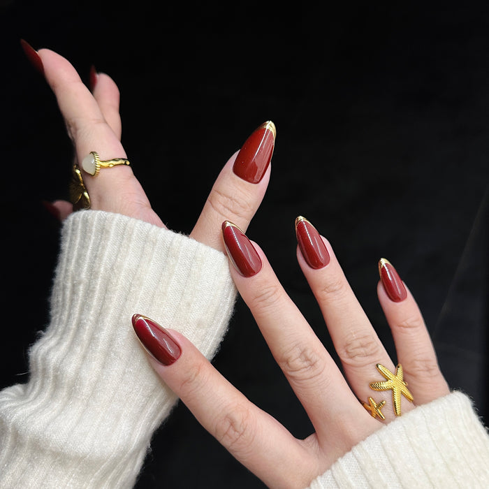 Burgundy French — hand-painted press-on nails