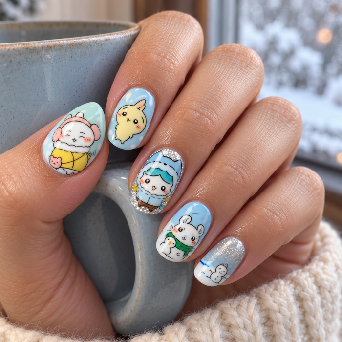Little Joys, Big Winter — hand-painted press-on nails