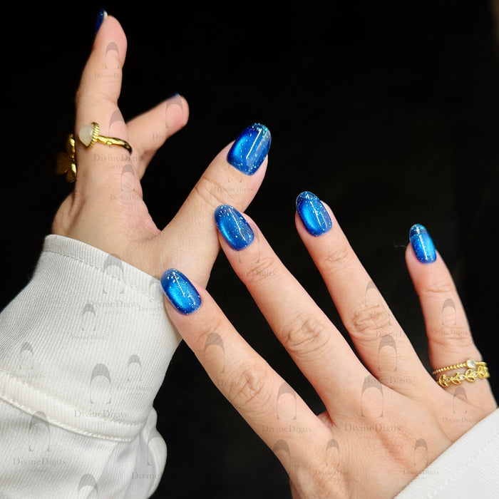Hadal Blue — hand-painted press-on nails