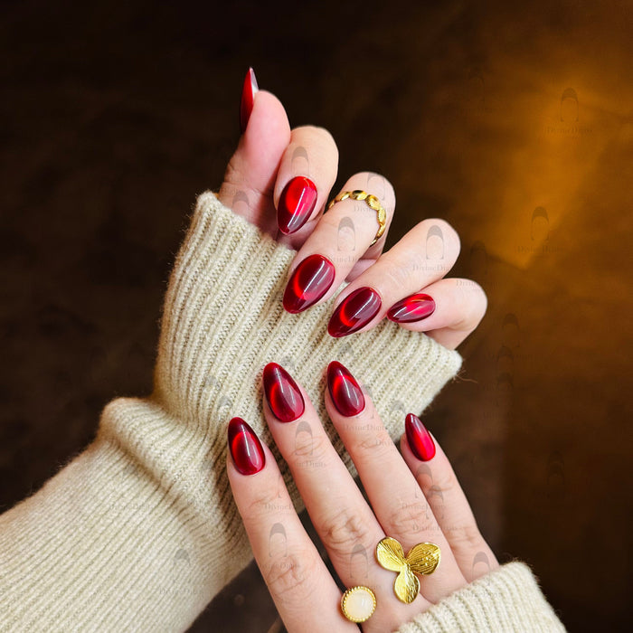 Red Radiance — hand-painted press-on nails