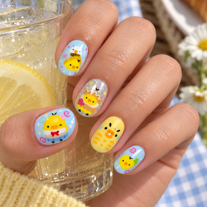 Yellow Bird’s Day Off — hand-painted press-on nails