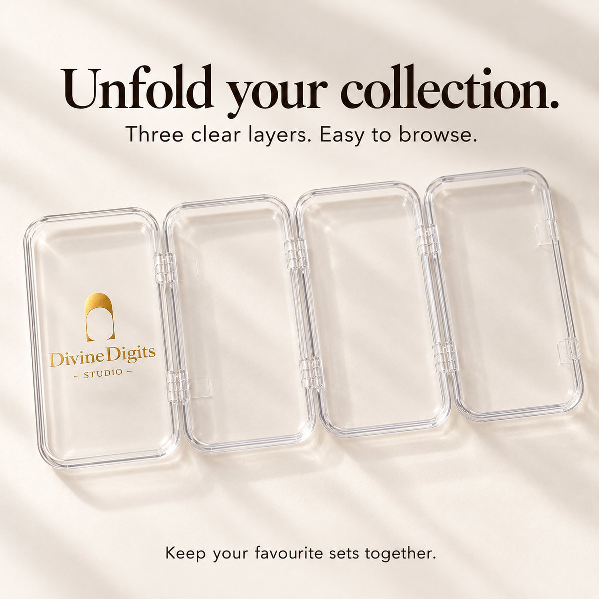 Clear nail storage case unfolded into a logo lid and three empty trays.