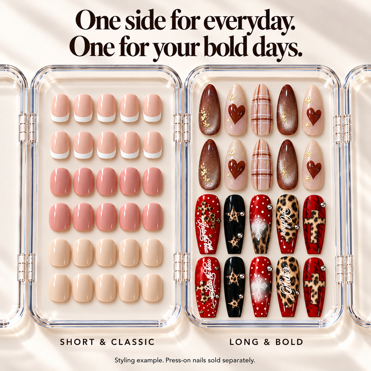 Adjacent trays show three short nail sets in six rows and two long nail sets in four rows, with five nails in each row.