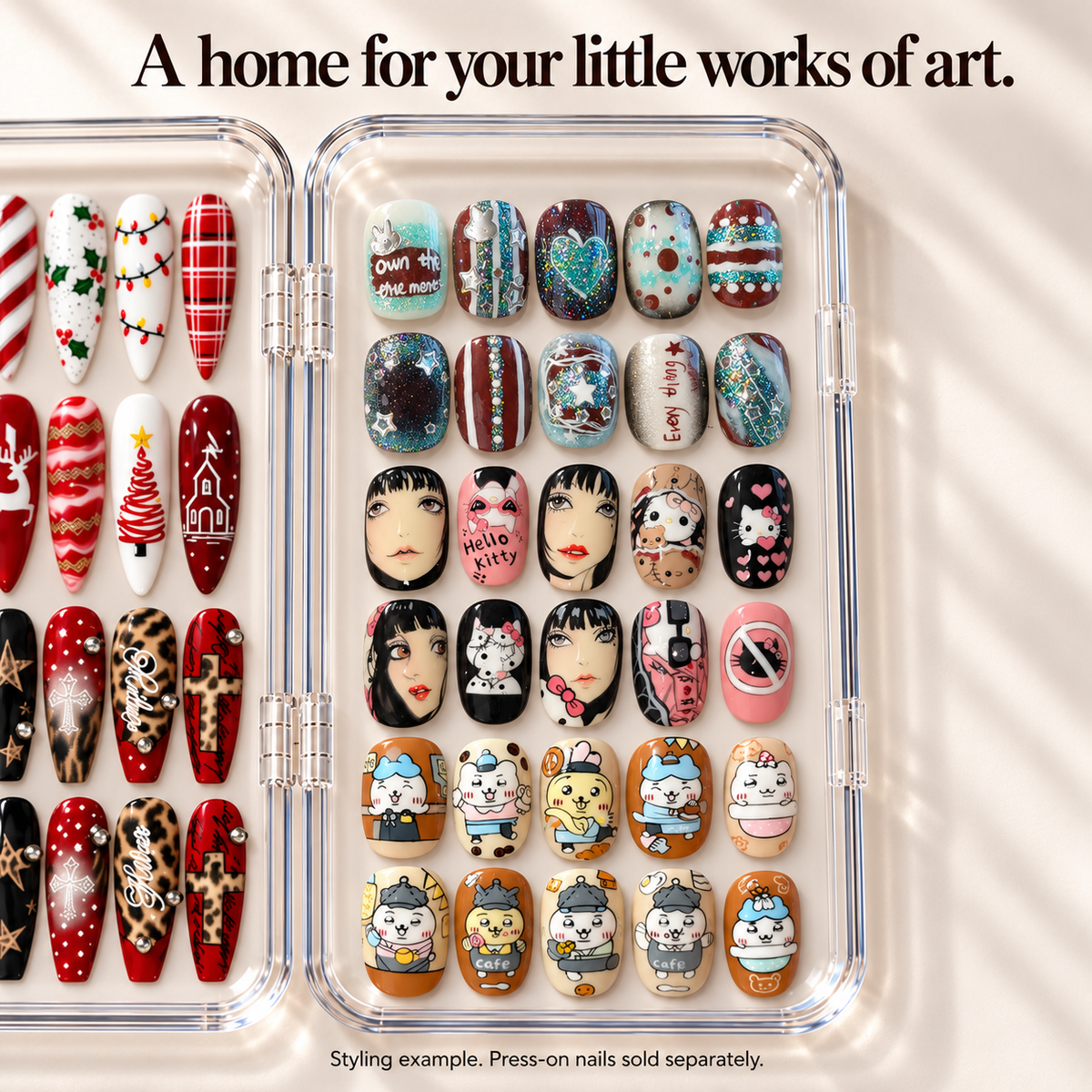 Close view of three short illustrated press-on nail sets arranged in six rows of five in a clear tray.