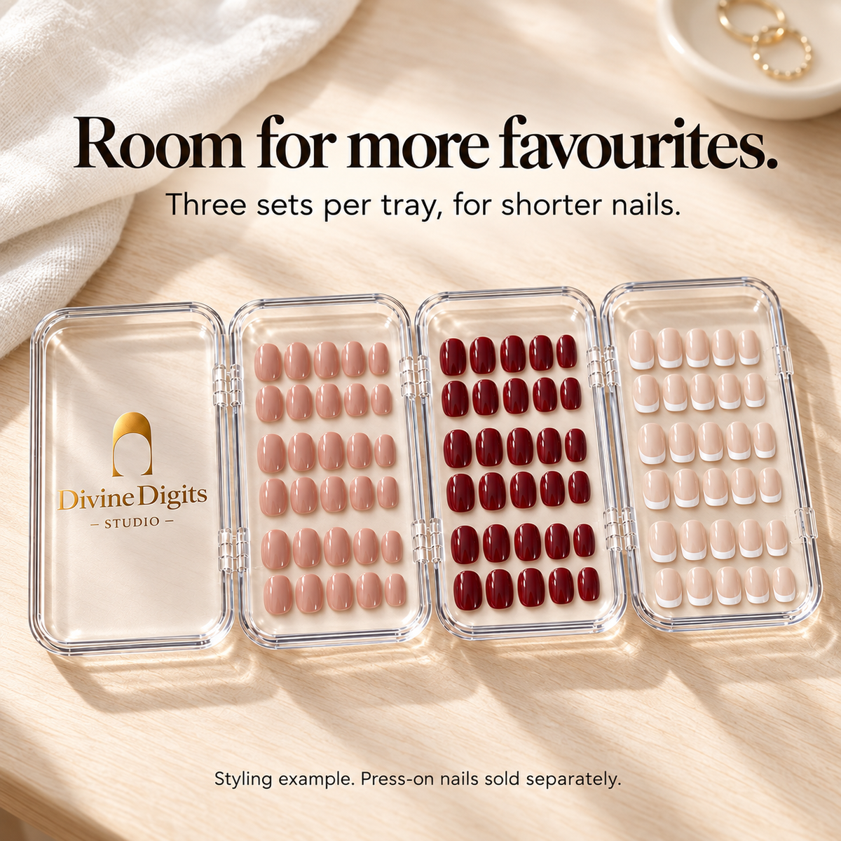An unfolded clear case on a light wood surface showing three short nail sets in each tray.