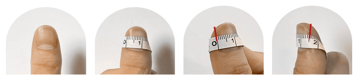 Four photos showing a tape measure wrapped over the curve of a thumbnail to read its width