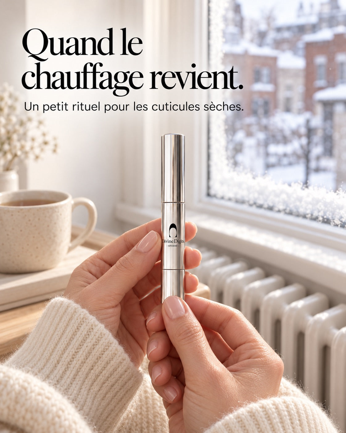 Stylo DivineDigits près d’une fenêtre enneigée